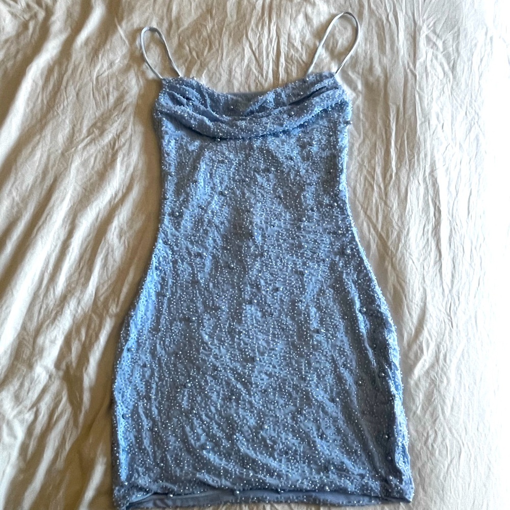 Windsor Keira Faux Pearl Strappy Open-Back Mini Dress, Light Blue, Medium